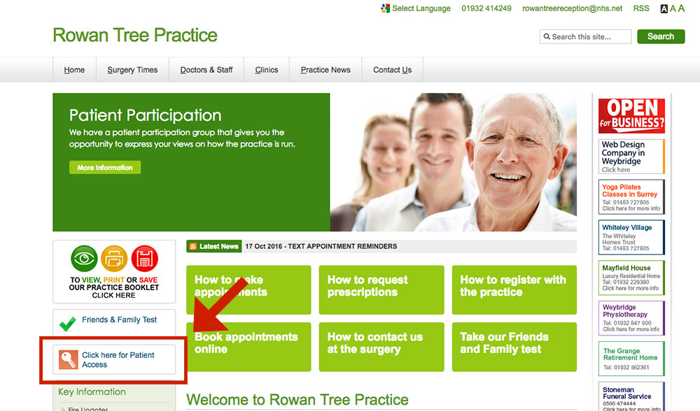 screenshot showing the website homepage and the location of the patient access link